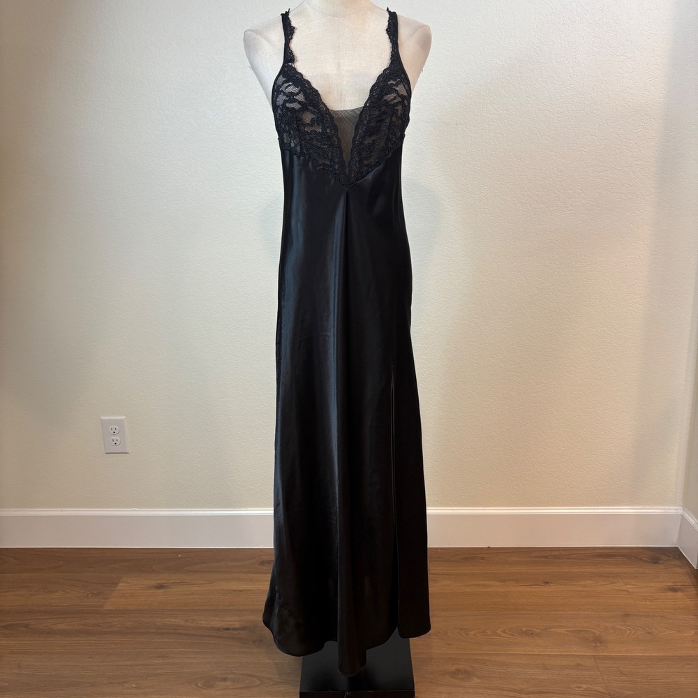 Victoria's Secret Slip Dress Women M Black Vintage Lace Satin Maxi Romantic